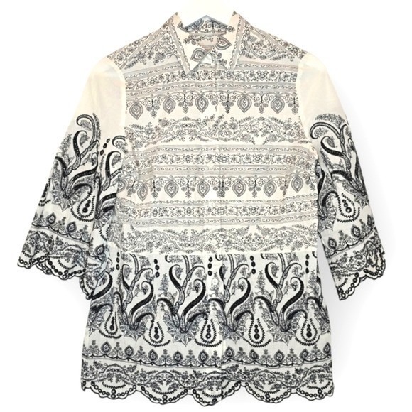CHICO'S Paisley‎ Eyelet Shirt Black White Cotton Sz OP - 2P Boho Romantic Blouse - Picture 13 of 13